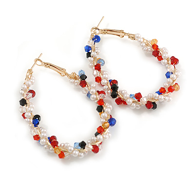 Large Multicoloured/White Beaded Oval Hoop Earrings in Gold Tone - 50mm Tall