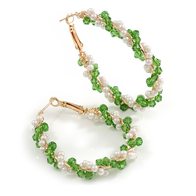 Large Green/White Beaded Oval Hoop Earrings in Gold Tone - 50mm Tall