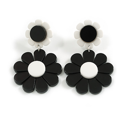 Black/White Acrylic Floral Drop Earrings - 55mm L