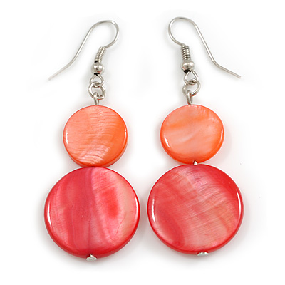 Double Bead Shell Drop Earrings In Silver Tone/ Red/Carrot (Natural Irregularities) - 55mm Long