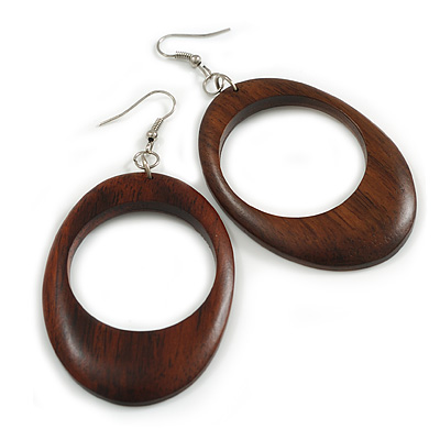Brown Oval Wooden Hoop Earrings - 80mm Long (Possible Natural Irregularities)
