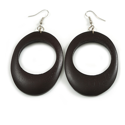 Black Oval Wooden Hoop Earrings - 80mm Long (Possible Natural Irregularities)
