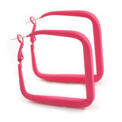 45mm D/ Slim Neon Pink Square Hoop Earrings in Matt Finish - Large Size