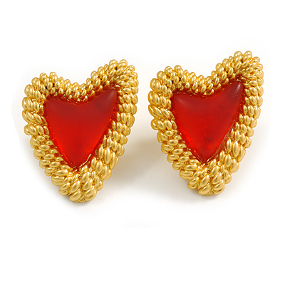 Assymetric Red Acrylic Bead Stud Earrings in Gold Tone - 25mm Tall