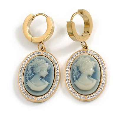 Classic Pale Blue Cameo Crystal Oval Drop Earrings with Round Closure - 40mm L