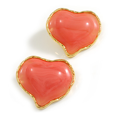 Solid/Large Assymetric Pink Acrylic Heart Stud Earrings in Gold Tone - 45mm Across