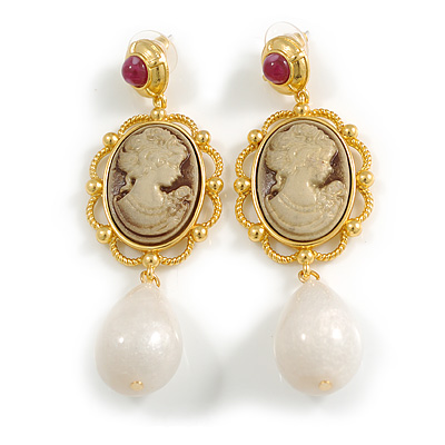 Vintage Inspired Sepia Coloured Cameo with White Acrylic Bead Long Earrings in Gold Tone - 75mm Long