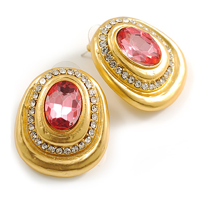 Large Oval Clear/Pink Crystal Stud Earrings in Gold Tone - 30mm Tall