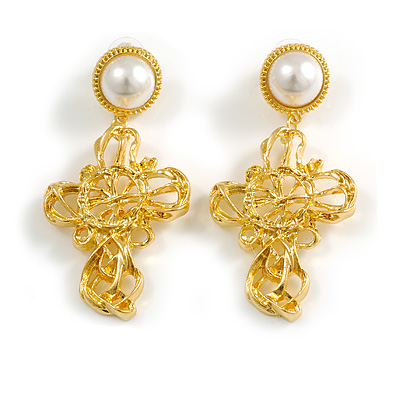 Statement Cross with Pearl Bead Drop Earrings in Gold Tone - 75mm Long