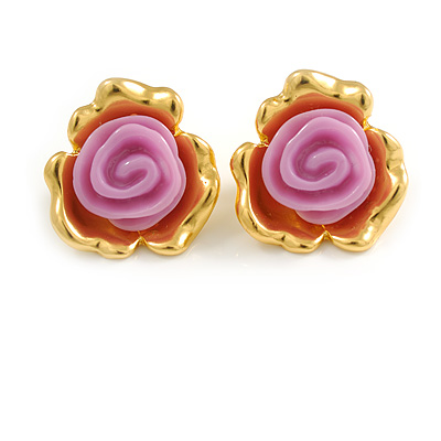 Lilac Pink Acrylic Rose Floral Stud Earrings in Gold Tone - 22mm Tall
