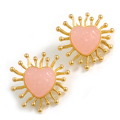 Large Pink Acrylic Heart Earrings in Bright Gold Tone - 40mm Tall