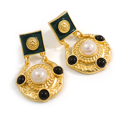 Green/Black/White Bead Ancient Greek Style Drop Earrings in Gold Tone - 40mm Long