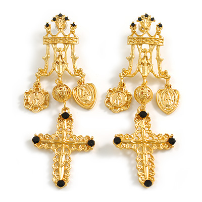 Victorian Style Filigree Cross Dangle Earrings in Light Gold Tone - 75mm L