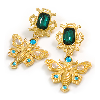 Statement Crystal Butterfly Drop Earrings in Bright Gold Tone - 65mm Long - main view