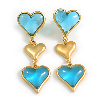 Triple Heart Drop Earrings in Gold Tone with Light Blue Acrylic Beads - 60mm Long