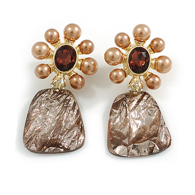 Brown Faux Pearl/Plum Crystal with Acrylic Bead Drop Earrings in Gold Tone - 53mm Long
