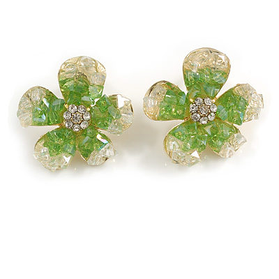 Clear/Green Acrylic Flower Stud Earrings in Gold Tone - 23mm Across