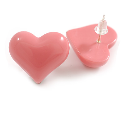 Pink Shiny Acrylic Heart Stud Earrings - 20mm Wide