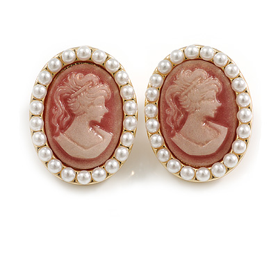 Oval Pink Acrylic Cameo with White Faux Pearl Detailing in Gold Tone - 23mm Tall