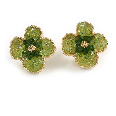 Four Petal Acrylic Flower Stud Earrings in Gold Tone in Olive Green - 20mm Across