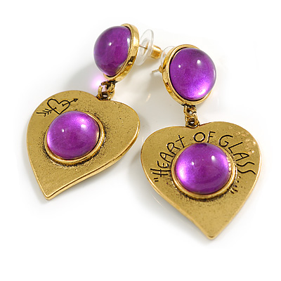 Romantic Heart with Purple Glass Bead Drop Earrings in Gold Tone - 55mm Long - main view