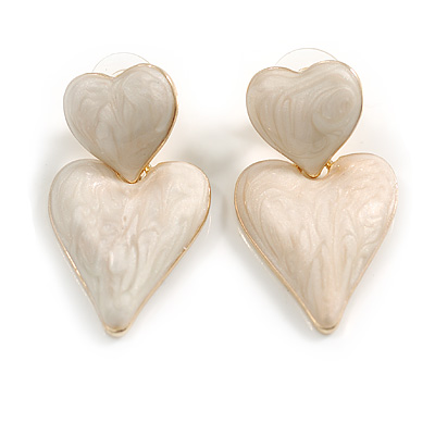 Milky White Enamel Double Heart Dangle Earrings in Gold Tone - 35mm Long