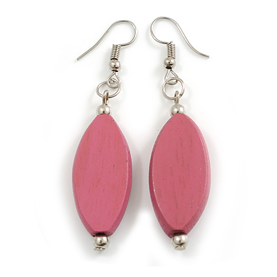 Pink Leaf Shape Wood Drop Earrings - 60mm L