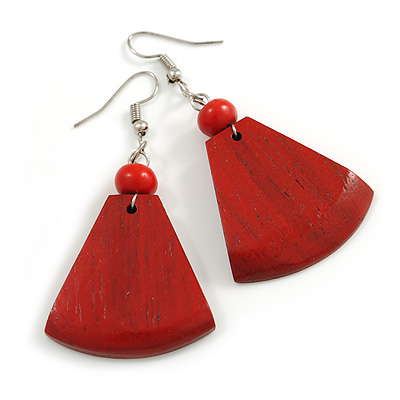 Red Coloured Painted Wood Fan Shape Drop Earrings - 55mm L