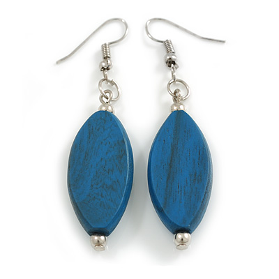 Blue Leaf Shape Wood Drop Earrings - 60mm L