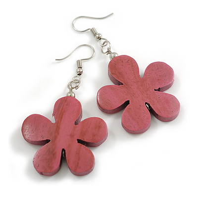 Pink Wood Flower Drop Earrings - 60mm L - main view