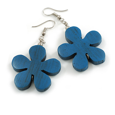 Blue Wood Flower Drop Earrings - 60mm L - main view