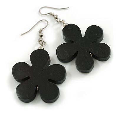 Black Wood Flower Drop Earrings - 60mm L