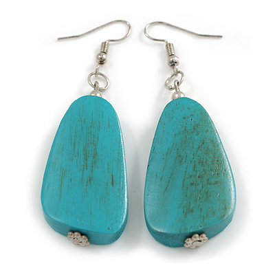 Turquoise Coloured Teardrop Wooden Earrings - 65mm L