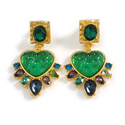 Statement Acrylic/Crystal Heart Drop Earrings in Gold Tone (Green/Blue/Purple Colours) - 50mm Long - main view