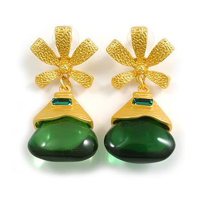 Green Glass Teardrop Earrings in Bright Gold Tone Metal - 55mm Long