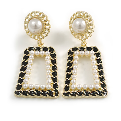 White Pearl Black Enamel Square Drop Earrings in Gold Tone - 45mm Long