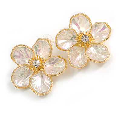 Large Shell Flower Stud Earrings in Gold Tone - 40mm D