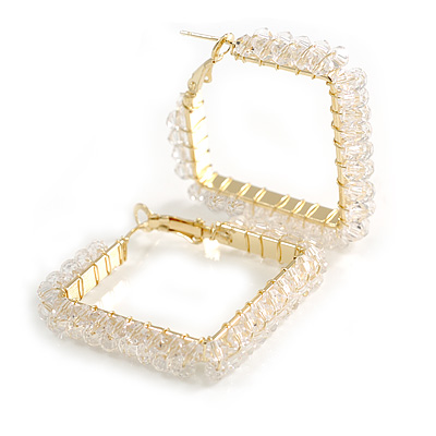 35mm Tall/ Transparent Crystal Beaded Square Hoop Earrings in Gold Tone