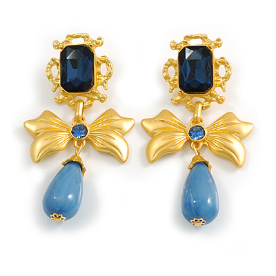 Matt Gold Tone Large Crystal Bow with Blue Acrylic Dangle Statement Drop Earrings - 80mm Long/ 20g Weight One Earrings