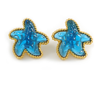 Large Blue Acrylic Starfish Clip On Earrings in Gold Tone - 35mm Across