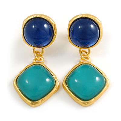Blue/Teal Green Glass Bead Drop Earrings in Gold Tone - 45mm Long