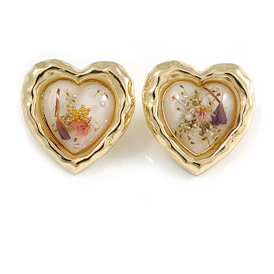 Acrylic Bead with Floral Motif Hammered Heart Large Stud Earrings in Gold Tone - 30mm Tall