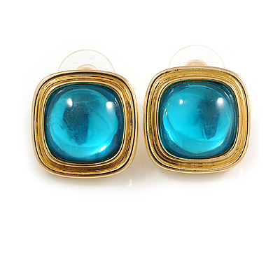 18mm Tall/ Square Shaped Light Blue Stone Stud Earrings in Gold Tone