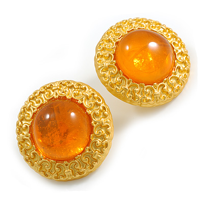 Round Button Shaped Orange Glass Bead Stud Earrings in Gold Tone - 25mm Diameter