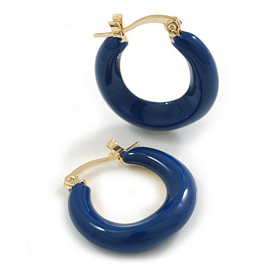 Small Blue Enamel Hoop Earrings in Gold Tone - 22mm D