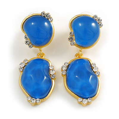 Blue Acrylic/Glass Beaded Drop Earrings in Gold Tone - 50mm Long