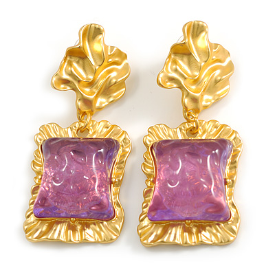 Statement Large Square Dimentional Purple Acrylic Bead Drop Earrings in Gold Tone - 65mm Long/ 20g per earring