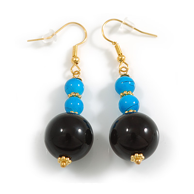 Blue/Black Acrylic Beaded Drop Earrings in Gold Tone - 50mm Long