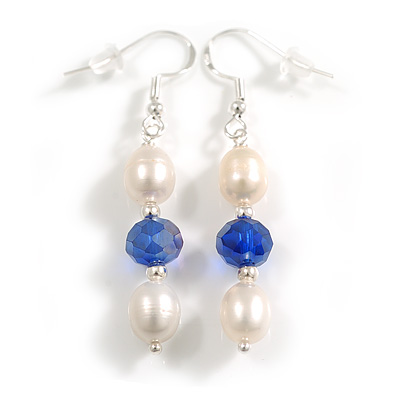 White Freshwater Pearl and Blue Glass Bead Drop Earrings with 925 Sterling Silver Hook - 50mm L - main view