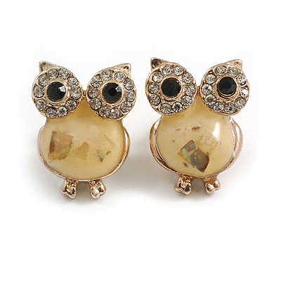 Vintage Inspired Crystal Owl Stud Earrings in Gold Tone -18mm Tall - main view